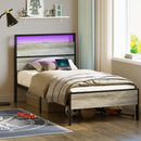 Rolanstar Twin Bed Frames with Headboard, Twin Bed with LED Lights, Camas Twin Size Bed with Charging Station, Solid Metal Slats, Noise Free, No Box Spring Needed, Grey