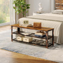 Rolanstar Shoe Bench, 3-Tier Shoe Rack, 39.4” Storage Entry Bench with Mesh Shelves Wood Seat, Rustic Foyer Bench for Hallway Front Door, Doorway, Living Room, Mudroom, Steel Frame, Rustic Brown