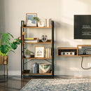 Rolanstar Bookshelf 4 Tier with 4 Hooks, Industrial Bookcase, Vintage Storage Rack with Open Shelves, Rustic Standing Bookshelves Metal Frame Display Rack for Living Room, Bedroom, Rustic Brown