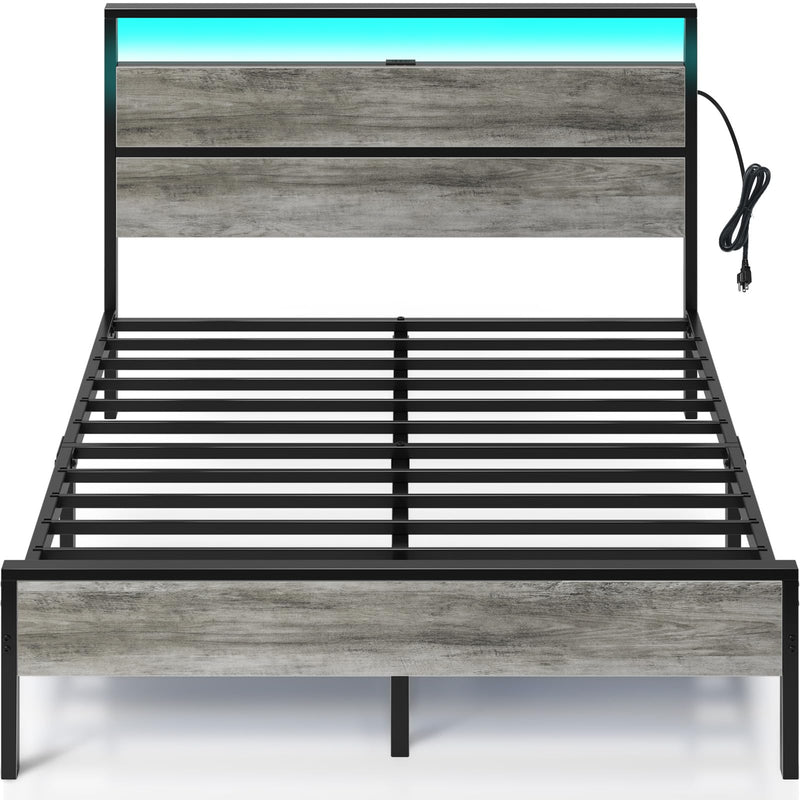 Rolanstar Queen Bed Frame with Headboard, Bed Frame Queen with LED Lights, Camas Queen Size Bed with Charging Station, Solid Metal Slats, Noise Free, No Box Spring Needed, Grey