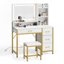 Rolanstar Vanity Desk with Mirror and Lights, Makeup Vanity with Upholstered Vanity Stool, 4 Drawers, Power Outlets, Vanity Set with 4 Compartments for Bedroom White and Gold