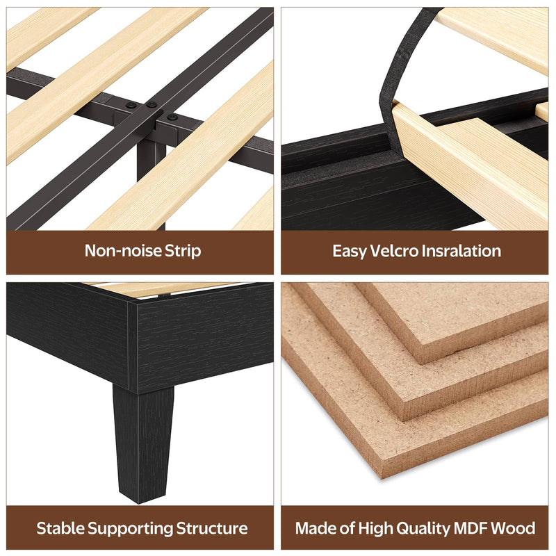 Rolanstar Queen Bed Frame with Headboard, Charging Station and LED Lights, Wooden Bed Frame Foundation with Wood Slat Support, No Box Spring Needed, Black