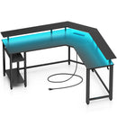 Rolanstar L Shaped Gaming Desk with LED Lights & Power Outlets, 46.2" Computer Desk with Full Monitor Stand & Storage Shelf, Corner Desk with Hooks, Carbon Fiber Desk Reversible