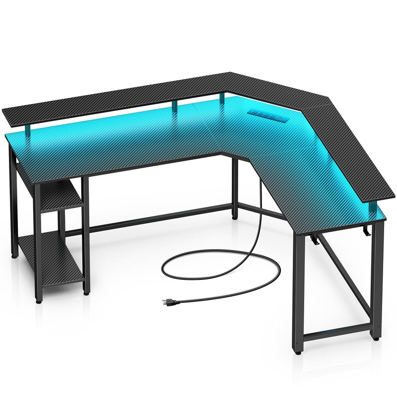 Rolanstar L Shaped Gaming Desk with LED Lights & Power Outlets, 46.2" Computer Desk with Full Monitor Stand & Storage Shelf, Corner Desk with Hooks, Carbon Fiber Desk Reversible