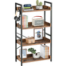Rolanstar Bookshelf 4 Tier with 4 Hooks, Industrial Bookcase, Vintage Storage Rack with Open Shelves, Rustic Standing Bookshelves Metal Frame Display Rack for Living Room, Bedroom, Rustic Brown