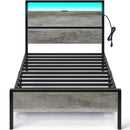 Rolanstar Twin Bed Frames with Headboard, Twin Bed with LED Lights, Camas Twin Size Bed with Charging Station, Solid Metal Slats, Noise Free, No Box Spring Needed, Grey