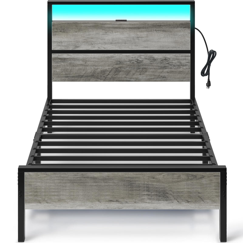 Rolanstar Twin Bed Frames with Headboard, Twin Bed with LED Lights, Camas Twin Size Bed with Charging Station, Solid Metal Slats, Noise Free, No Box Spring Needed, Grey