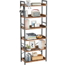 Rolanstar Bookshelf 6 Tier with 4 Hooks, Industrial Bookcase, Vintage Storage Rack with Open Shelves, Rustic Standing Bookshelves Metal Frame Display Rack for Living Room, Bedroom, Rustic Brown