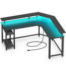 Rolanstar L Shaped Gaming Desk with LED Lights & Power Outlets, 46.2" Computer Desk with Full Monitor Stand & Storage Shelf, Corner Desk with Hooks, Black Desk Reversible