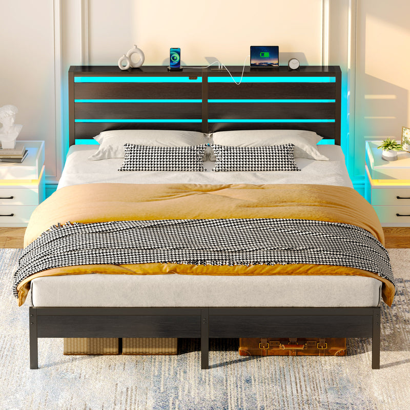 Rolanstar Bed Frame King Size with USB Charging Station, LED Bed Frame with Wood Storage Headboard, Black Metal Platform Bed with Under Bed Storage, No Box Spring Needed, Noise Free