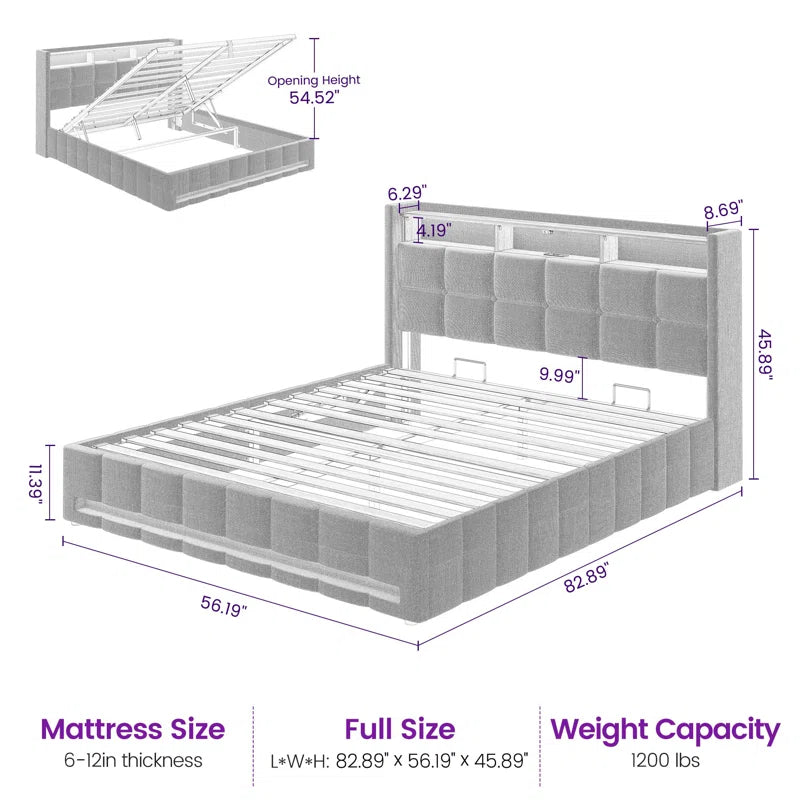Upholstered Lift Up Storage Bed Frame with LED Lights and Charging Station, Platform Bed, No Box Spring Needed
