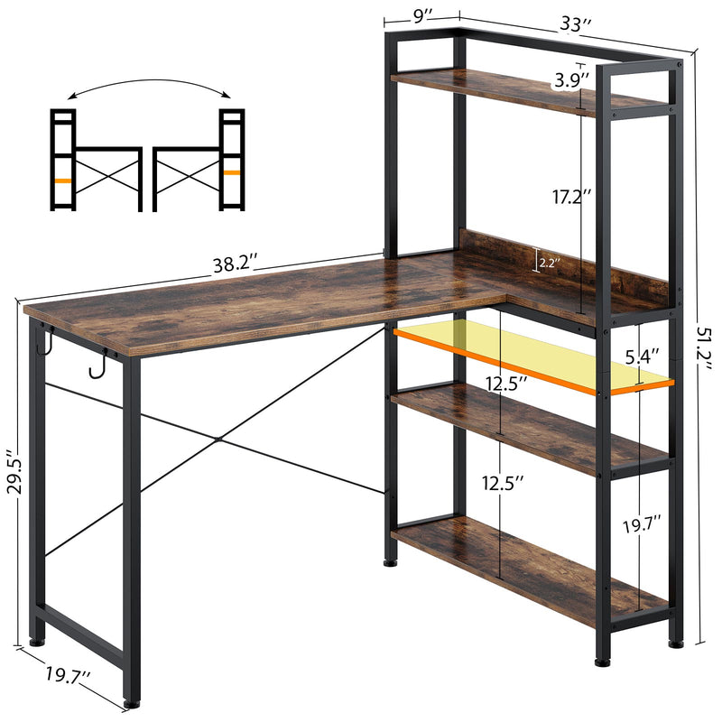 Rolanstar L Shaped Computer Desk, Corner Desk with Shelf and 4-Tier Storage Bookshelf 47 Inch