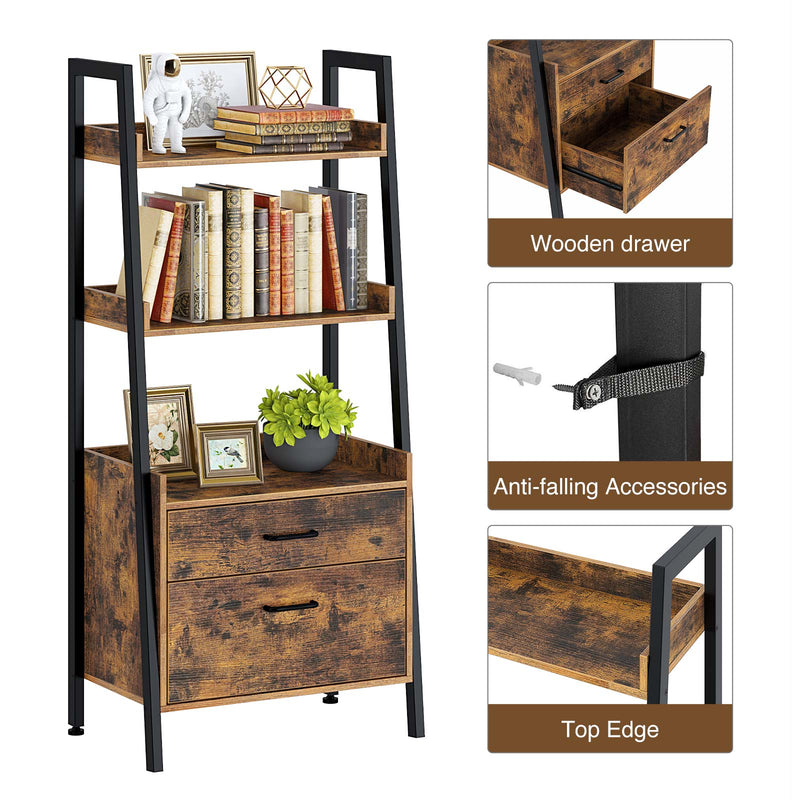 Rolanstar Multi-Tier Ladder Shelf & Freestanding Bookshelf with 2 Drawers