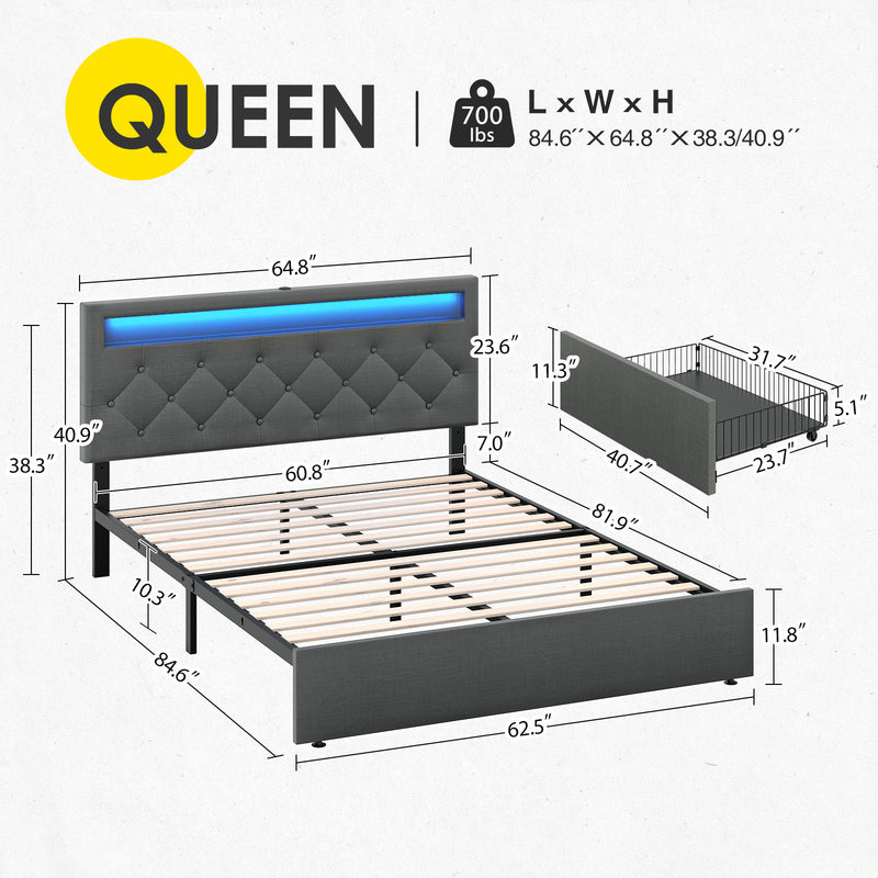Rolanstar Bed Frame with Upholstered Headboard and 4 Drawers
