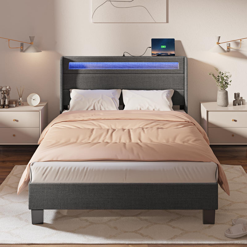 Rolanstar Bed Frame Full Size with Headboard, Motion Activated Night Light and LED Lights with USB Ports, Upholstered Platform Bed, Mattress Foundation/No Box Spring Needed, Dark Grey