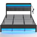 Rolanstar Bed Frame with Charging Station and LED Lights, Upholstered Headboard with Storage Shelves, Dark Grey