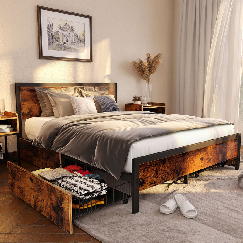 Rolanstar Bed Frame with Headboard and 4 Drawers, Metal Platform Bed