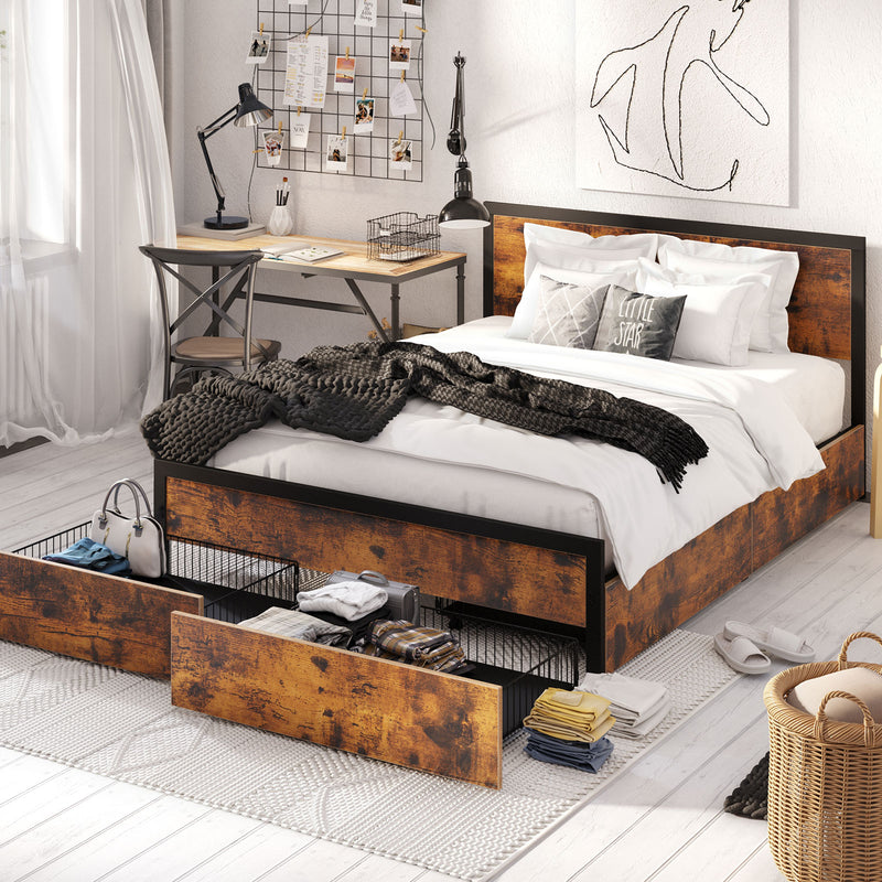 Rolanstar Bed Frame with Headboard and 4 Drawers, Metal Platform Bed