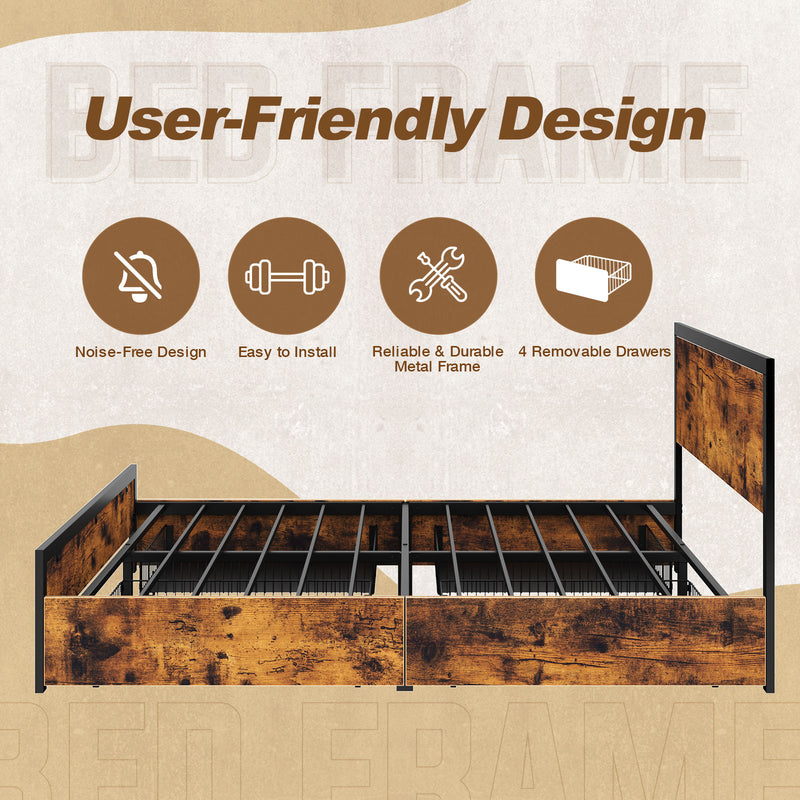 Rolanstar Bed Frame with Headboard and 4 Drawers, Metal Platform Bed