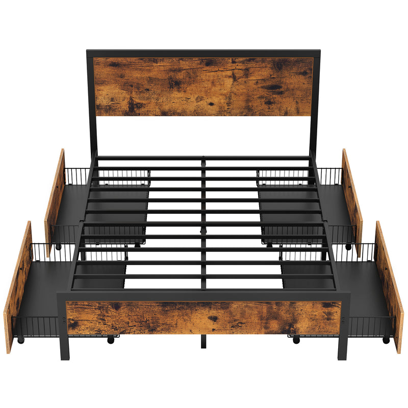 Rolanstar Bed Frame with Headboard and 4 Drawers, Metal Platform Bed