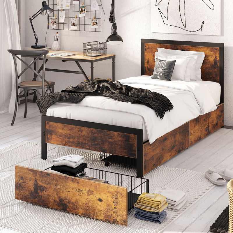 Rolanstar Bed Frame with Headboard and 4 Drawers, Metal Platform Bed