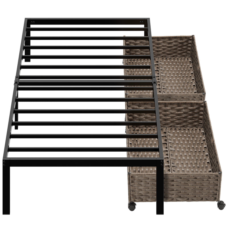 Rolanstar Bed Frame, 14 Inch Metal Platform Bed Frame with 2 Rattan Baskets, Black