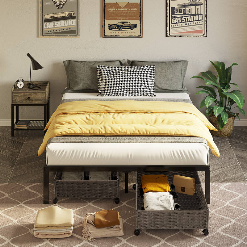 Rolanstar Bed Frame, 14 Inch Metal Platform Bed Frame with 2 Rattan Baskets, Black