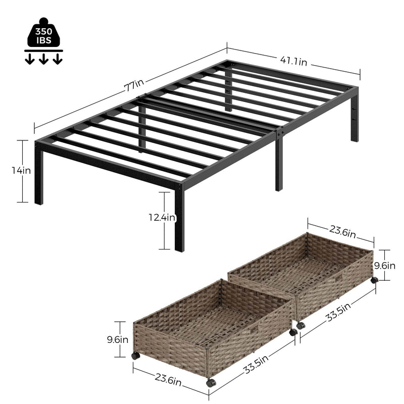 Rolanstar Bed Frame, 14 Inch Metal Platform Bed Frame with 2 Rattan Baskets, Black