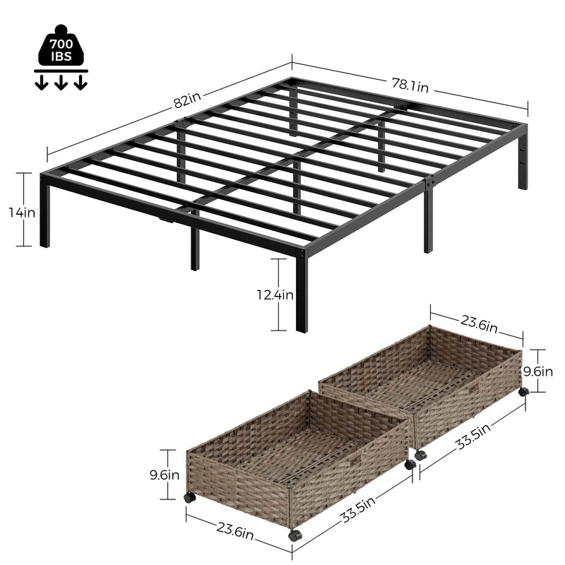 Rolanstar Bed Frame, 14 Inch Metal Platform Bed Frame with 2 Rattan Baskets, Black