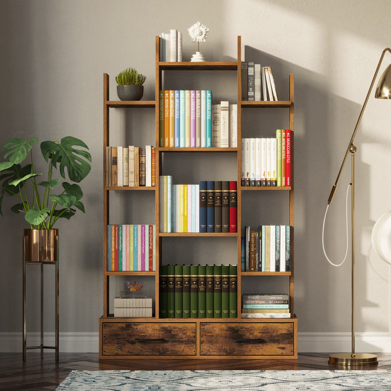 Rolanstar Bookshelf with 2 Wooden Drawers, Rustic Wood Bookshelves