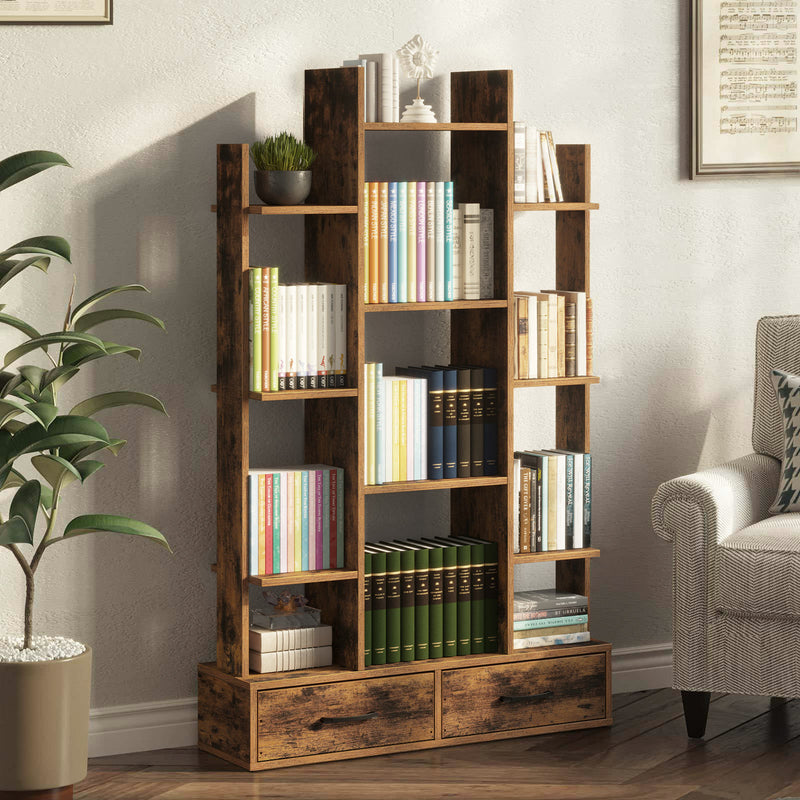 Rolanstar Bookshelf with 2 Wooden Drawers, Rustic Wood Bookshelves