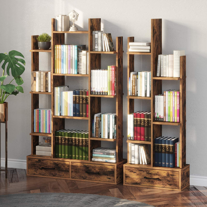 Rolanstar Bookshelf with 2 Wooden Drawers, Rustic Wood Bookshelves