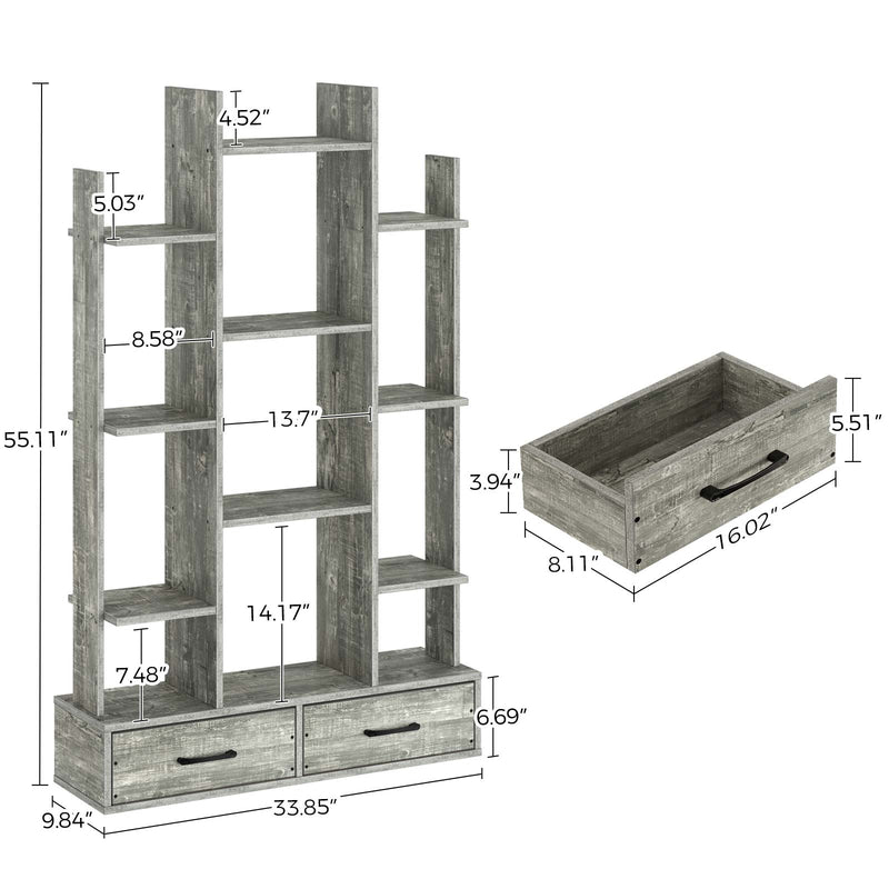 Rolanstar Bookshelf with 2 Wooden Drawers, Rustic Wood Bookshelves