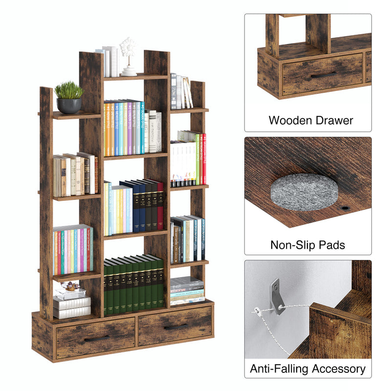 Rolanstar Bookshelf with 2 Wooden Drawers, Rustic Wood Bookshelves