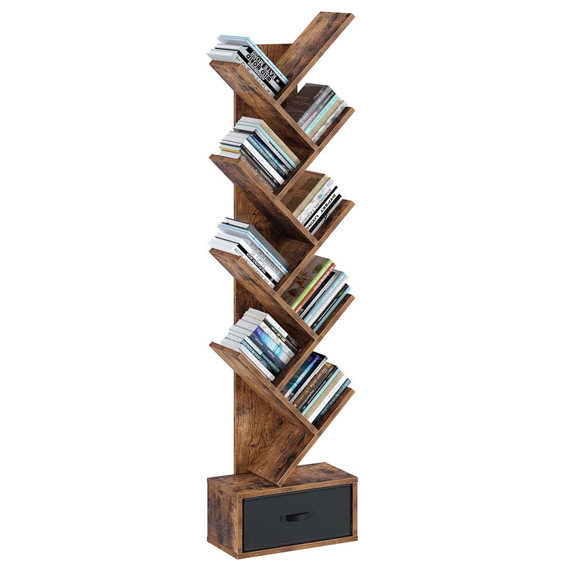 Rolanstar Bookshelf with Drawer, Floor Standing Tree Bookcase, Bookshelves Storage Rack