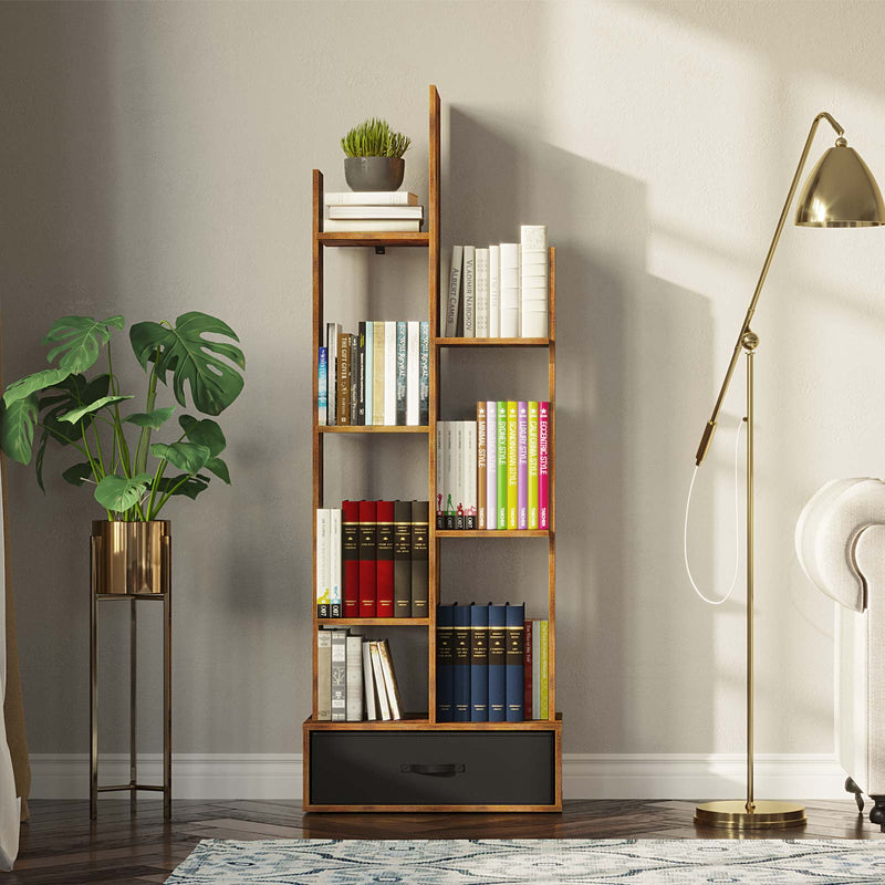 Rolanstar Bookshelf with Drawer, Free Standing Tree Bookcase