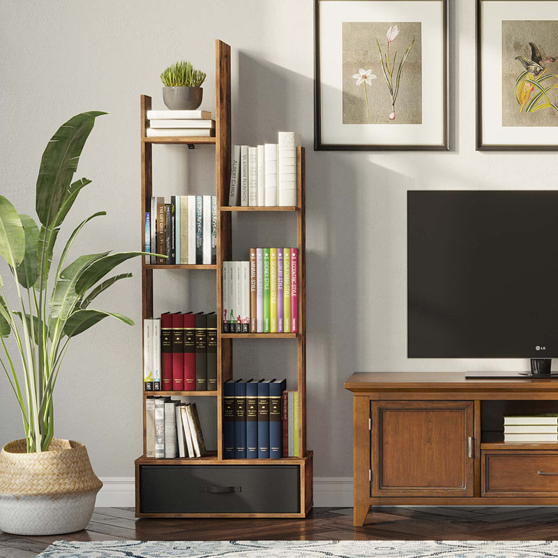 Rolanstar Bookshelf with Drawer, Free Standing Tree Bookcase