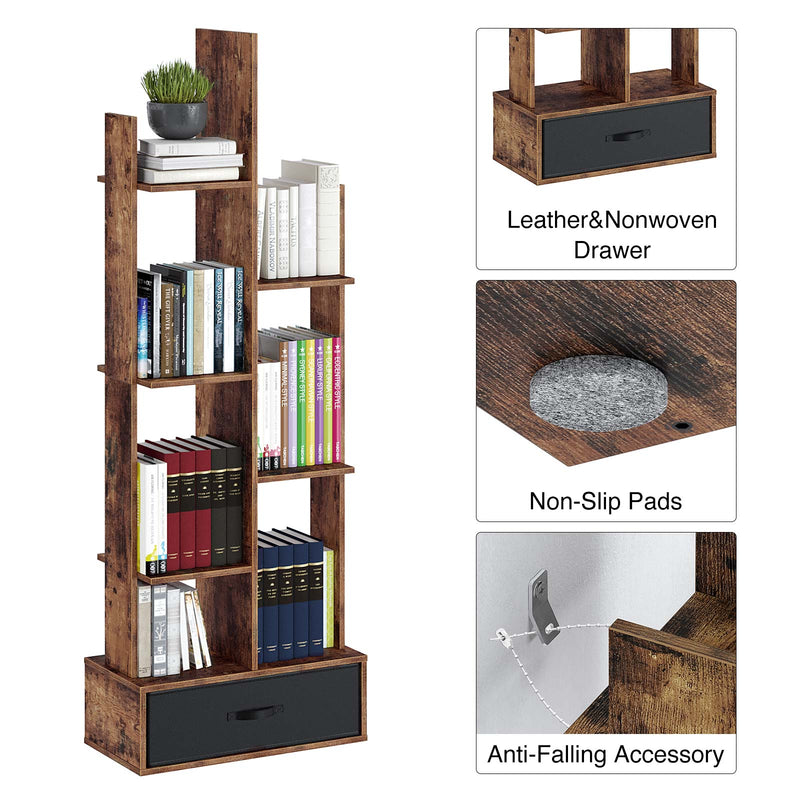 Rolanstar Bookshelf with Drawer, Free Standing Tree Bookcase