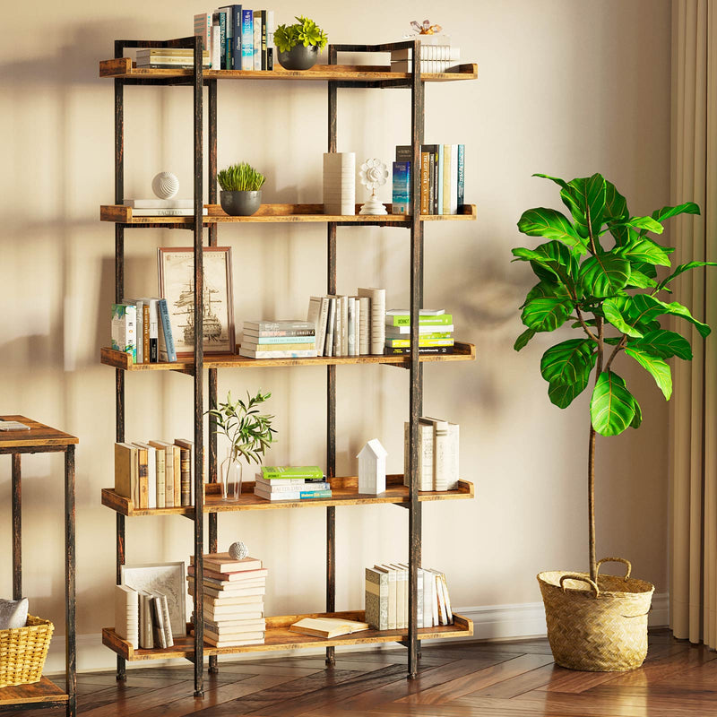 Rolanstar Metal and Wood Industrial Bookshelf, 5-Tier 6 Foot Etagere Bookshelf