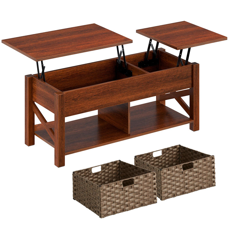 Rolanstar Two-way Lift Top Coffee Table with Rattan Baskets and Hidden Compartment