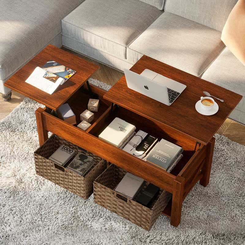 Rolanstar Two-way Lift Top Coffee Table with Rattan Baskets and Hidden Compartment