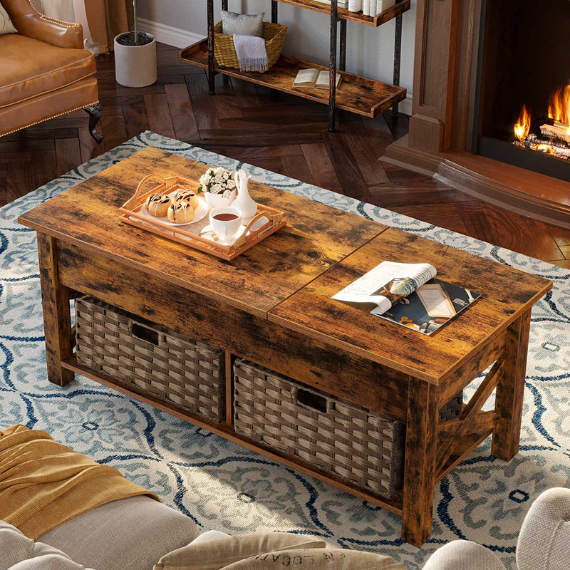 Rolanstar Two-way Lift Top Coffee Table with Rattan Baskets and Hidden Compartment