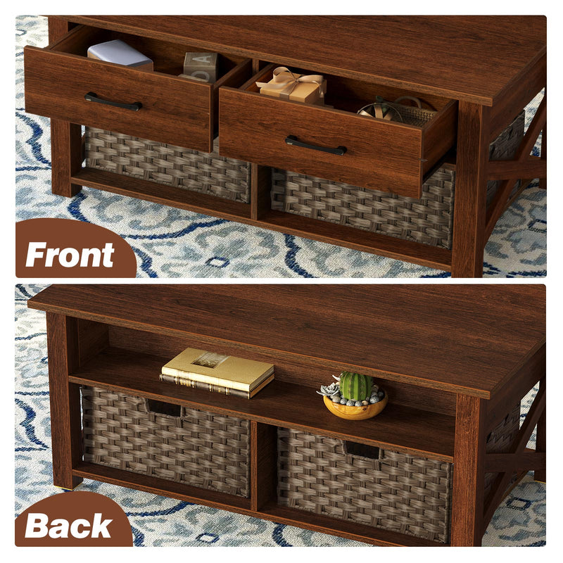 Rolanstar Farmhouse Coffee Table with 2 Storage Drawers and 2 Rattan Baskets