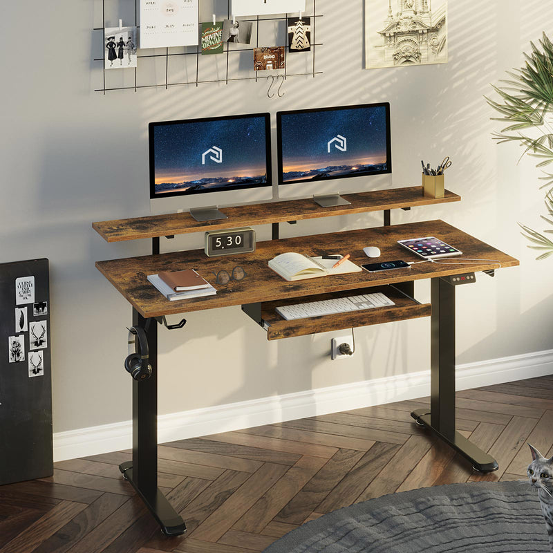 Rolanstar Dual Motor Electric Height Adjustable Computer Desk With Usb Charging Ports & Keyboard Tray & Monitor Shelf 55 Inch