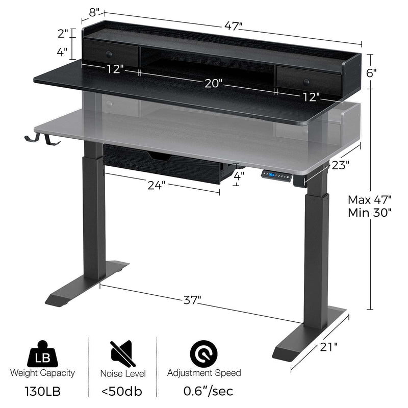 Rolanstar Single Motor Free Standing Electric Height Adjustable Desk With Drawers And Headphone Hooks 47 Inch