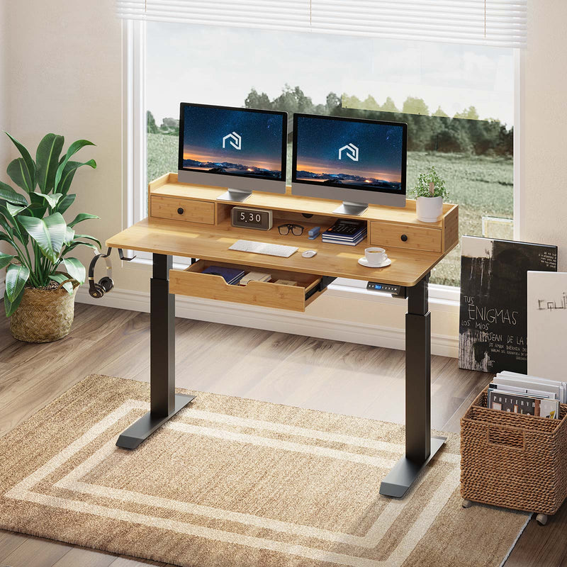 Rolanstar Single Motor Free Standing Electric Height Adjustable Desk With Drawers And Headphone Hooks 55 Inch