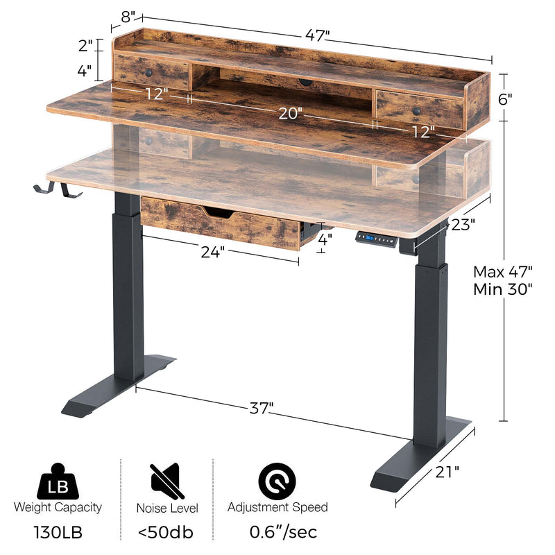 Rolanstar Single Motor Free Standing Electric Height Adjustable Desk With Drawers And Headphone Hooks 47 Inch