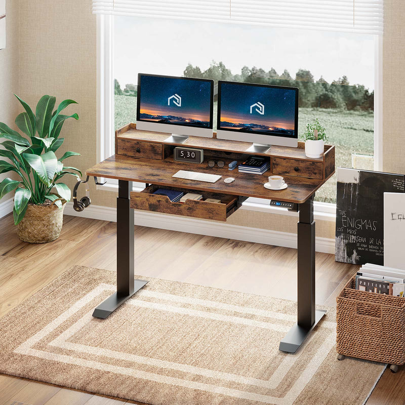 Rolanstar Single Motor Free Standing Electric Height Adjustable Desk With Drawers And Headphone Hooks 55 Inch