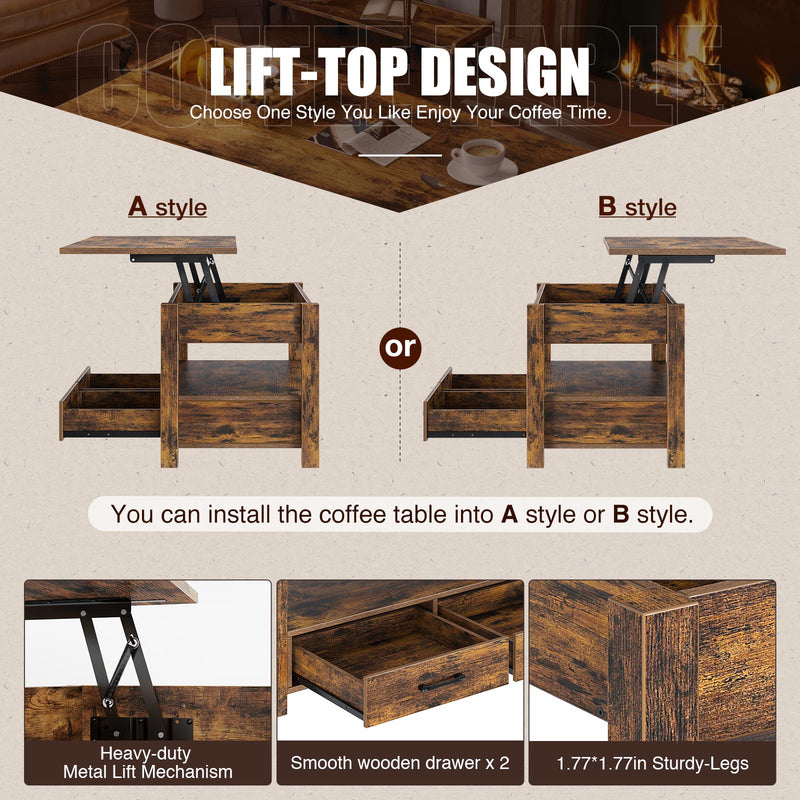 Rolanstar Coffee Table, Lift Top Coffee Table with Drawers and Hidden Compartment