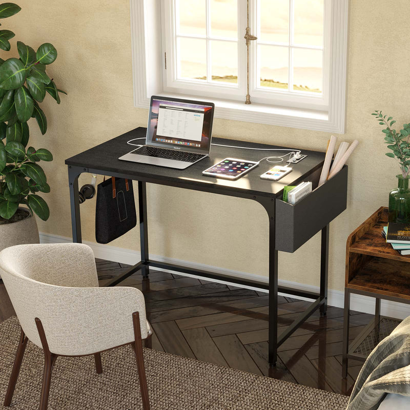 Rolanstar Computer Desk with Power Outlet, Side Storage Bag and Iron Hooks 39 Inch